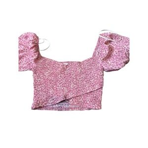 Hello Molly Shirt Womens Small Pink Smocked Puff Sleeve Crop Top Floral